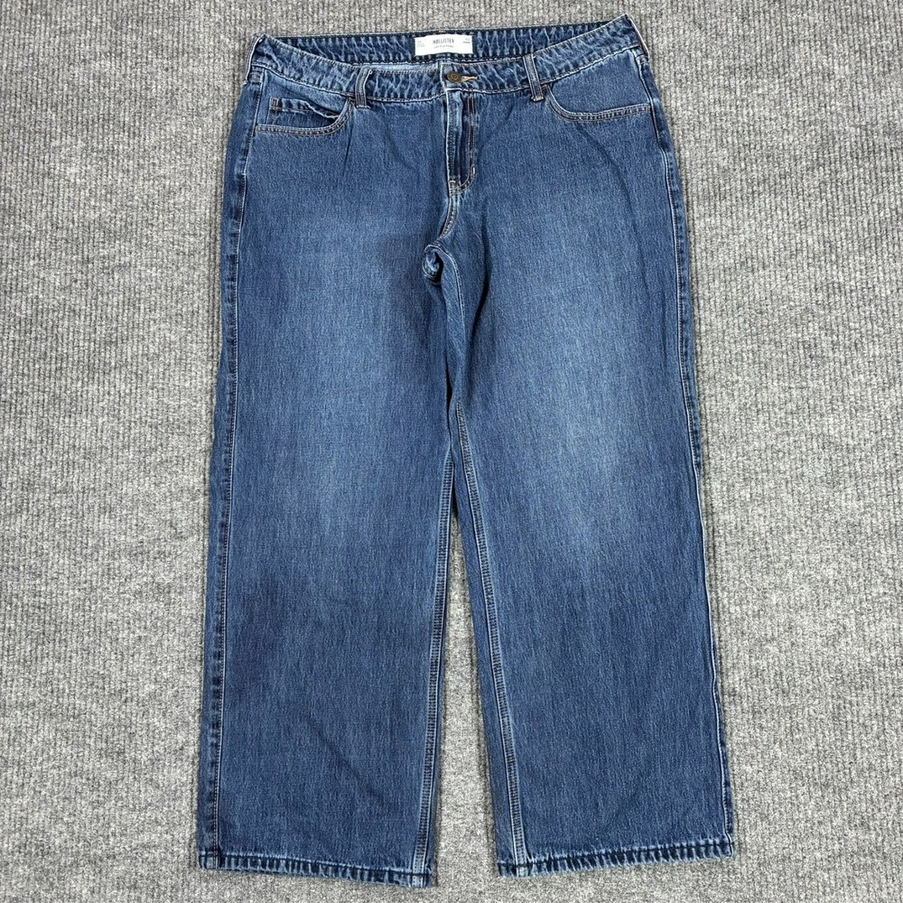 Hollister Low-Rise Baggy Jeans Womens Size 16R Blue Denim Stretch Mid Rise